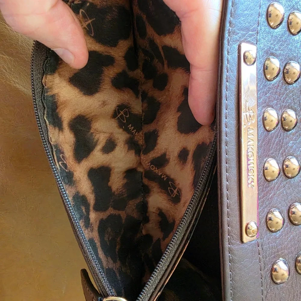 B Makowsky Brown Leather Studded Continental Wallet Leopard Print Lining